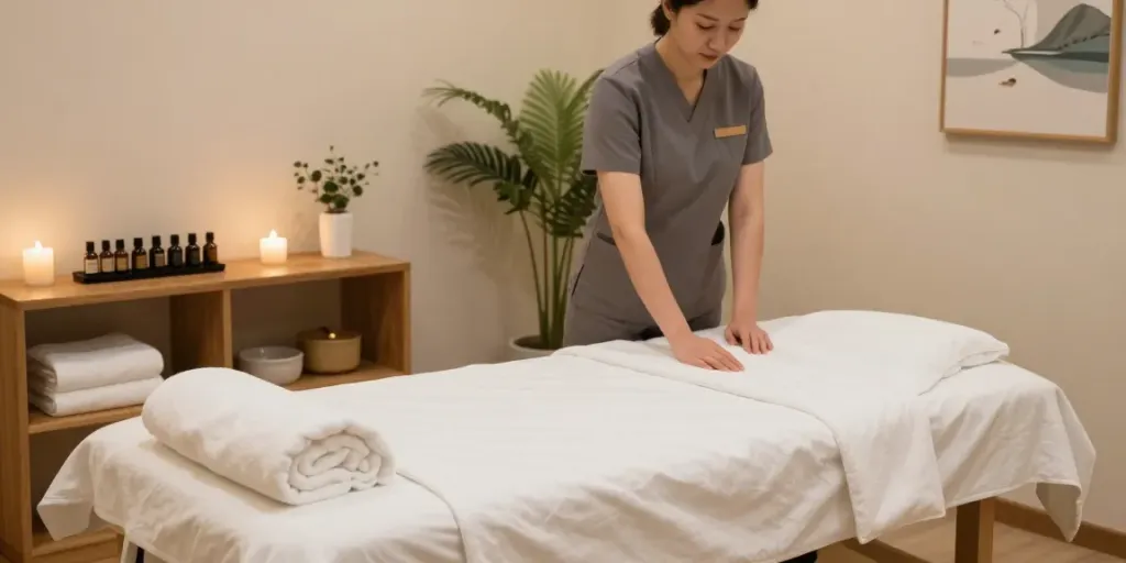 송파출장안마 in a calming massage therapy room with soft lighting and essential oils.