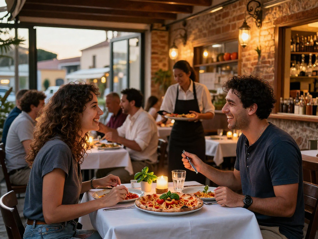 Couple enjoying lavowin daftar pizza at a lively Naples restaurant setting.