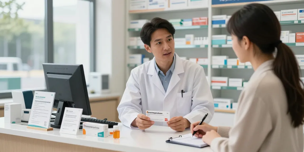 Engaged pharmacist discussing how to order semaglutide Canada with a customer in a modern pharmacy setting.